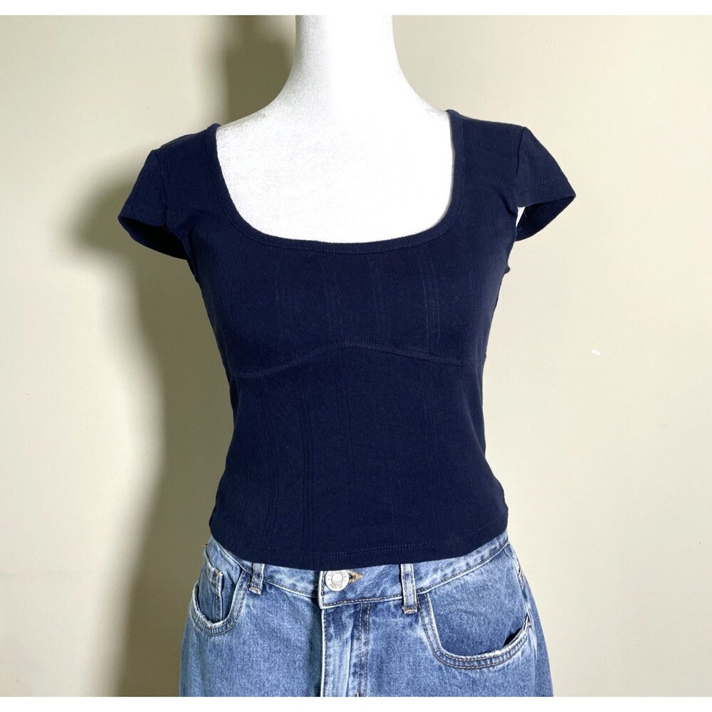 Cotton On Women’s Navy Blue Scoop Neck Cropped Top Size S Short Sleeve Tee